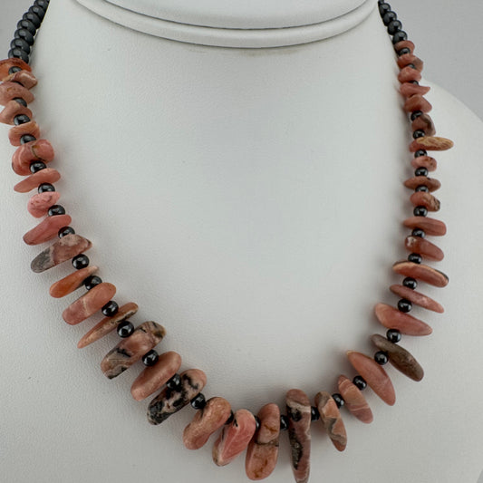Necklace: Gemstone, Rhodochrosite spears and hematite