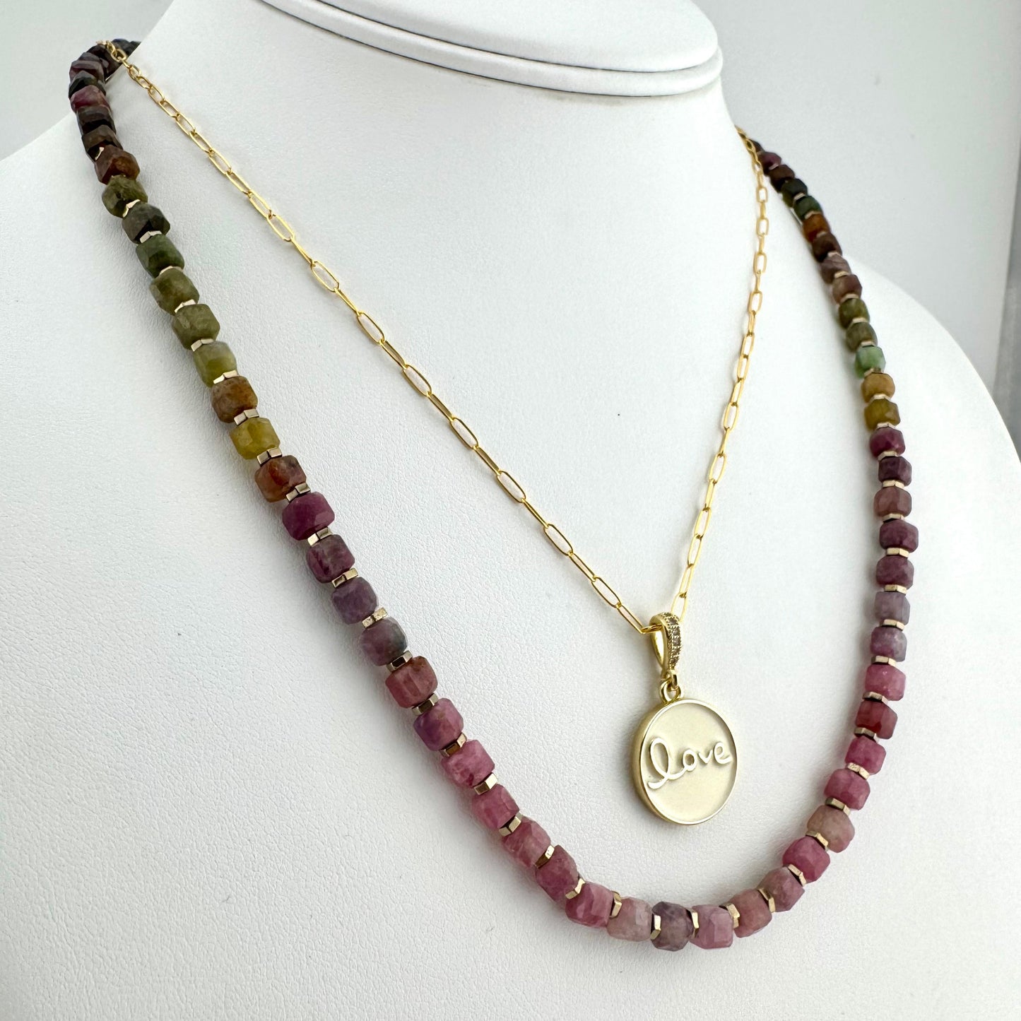 Necklace: Gemstone Cubed Rainbow Tourmaline (18")