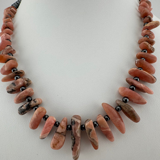 Necklace: Gemstone, Rhodochrosite spears and hematite